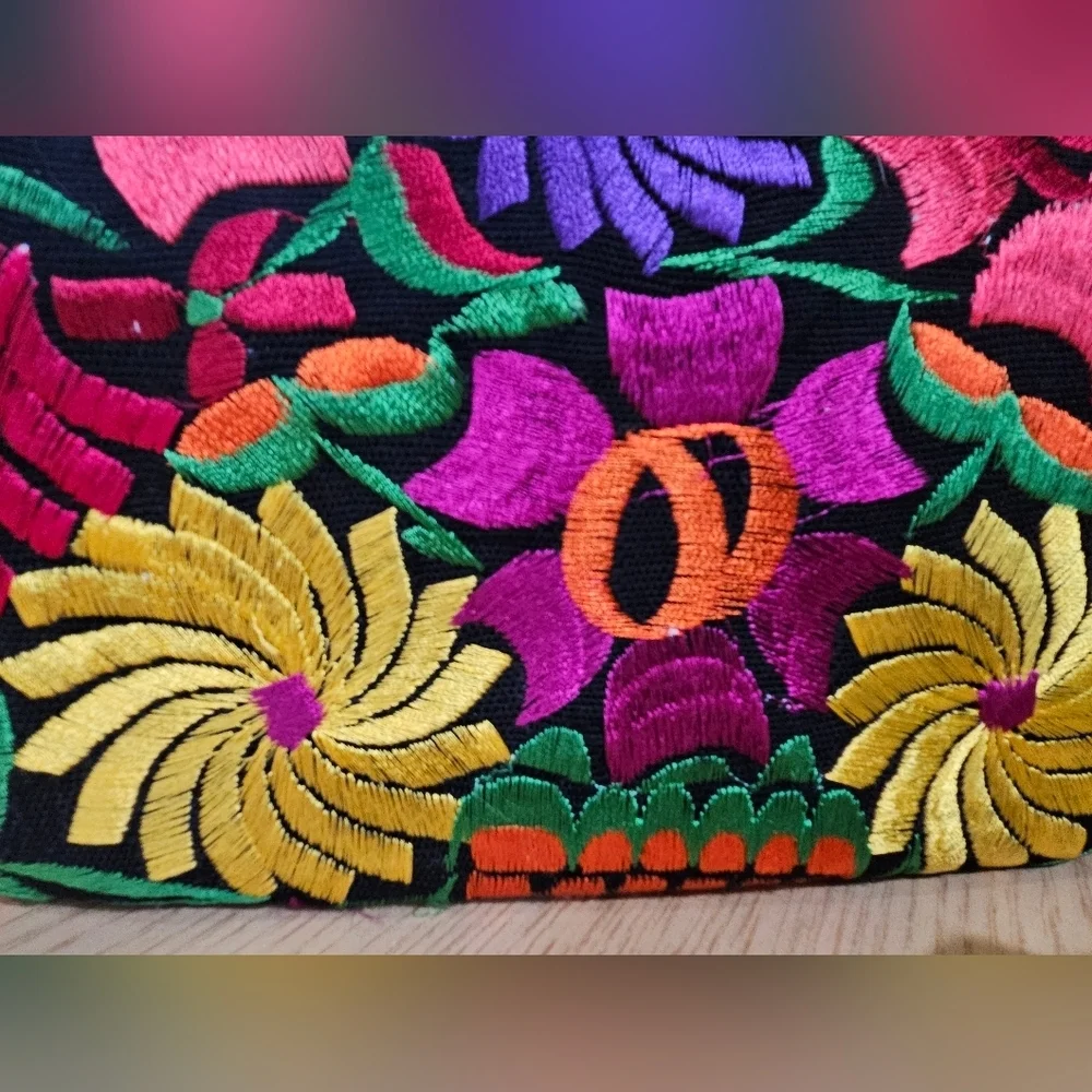 Handmade Mexican Embroidered Floral Clutch Black Multicolor Boho Artisan Bag
